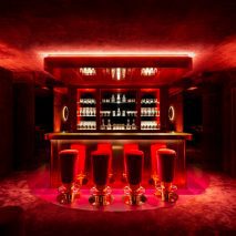 Red carpeted bar in Ninja Theory office
