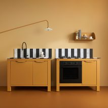 Two mustard yellow kitchen counters