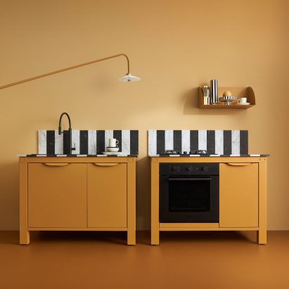 Two mustard yellow kitchen counters