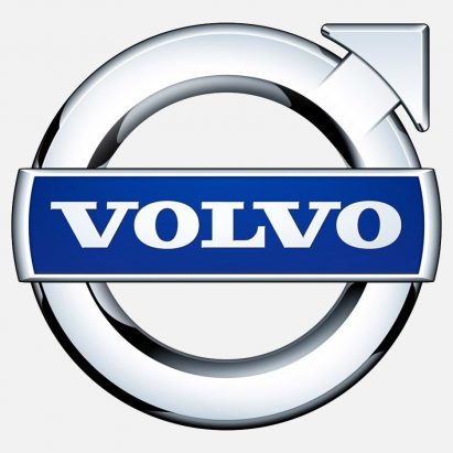 A silver and blue Volvo logo