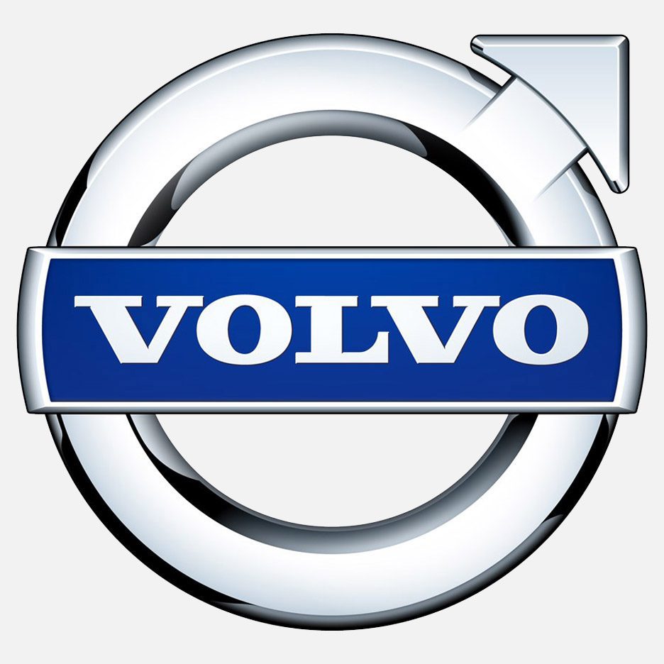 A silver and blue Volvo logo