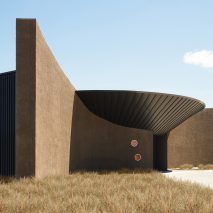 The building has a monolithic exterior