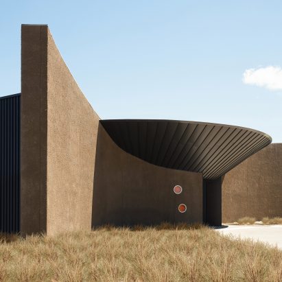 The building has a monolithic exterior