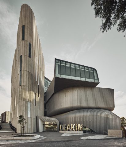 Deakin Law School is comprised of a concrete tower and a stacked volume 