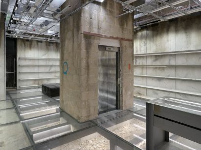 An elevator core has an unfinished look