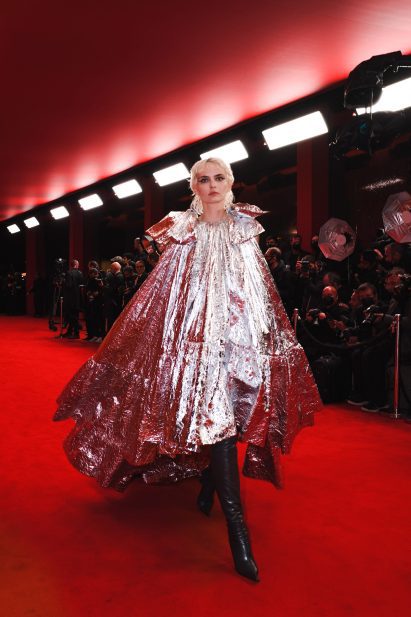 A model walked in a silver foiled gown at the balenciaga show