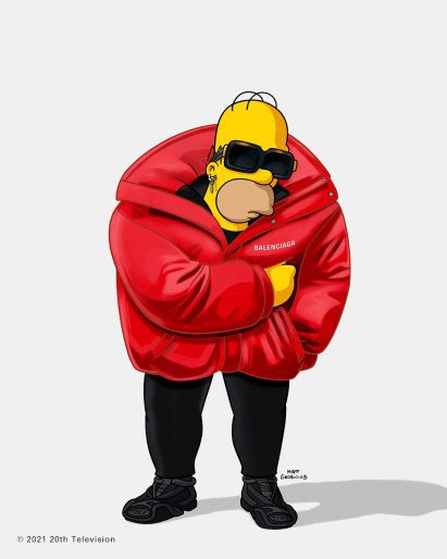 Homer simpson wearing an oversized balenciaga coat