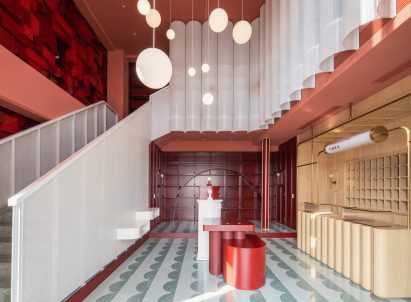 Bund Post Office designed by Yatofu features red, white and green interiors
