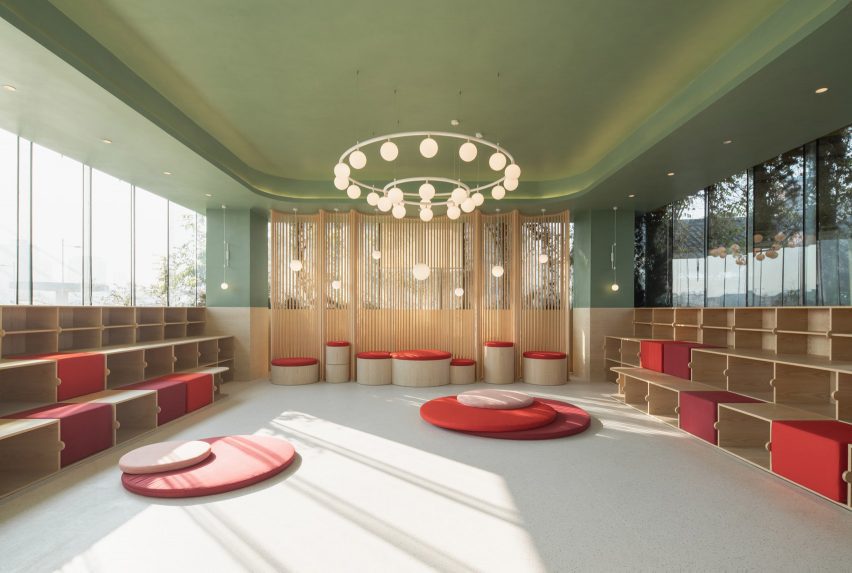 Bund Post Office designed by Yatofu features red, white and green interiors
