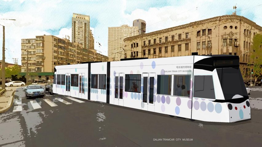 A visualisation of a cityscape with tram