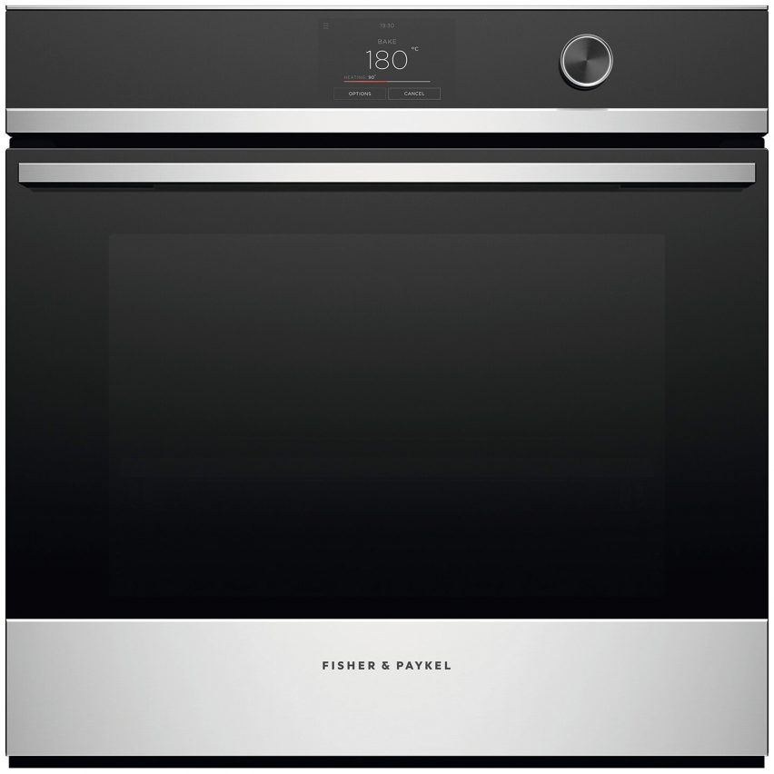 A black and silver touch screen oven