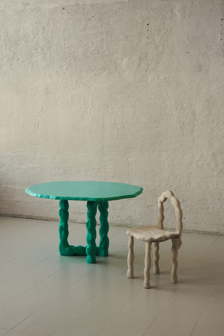 Viride dining chair and dining table by Anna Maria Øfstedal Eng at Ny Normal exhibition by Fold Oslo