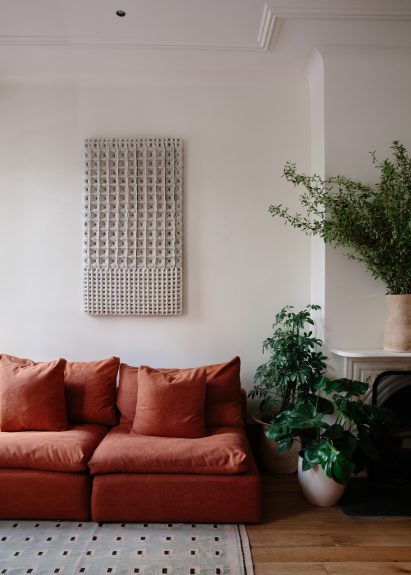 Living room with red couch