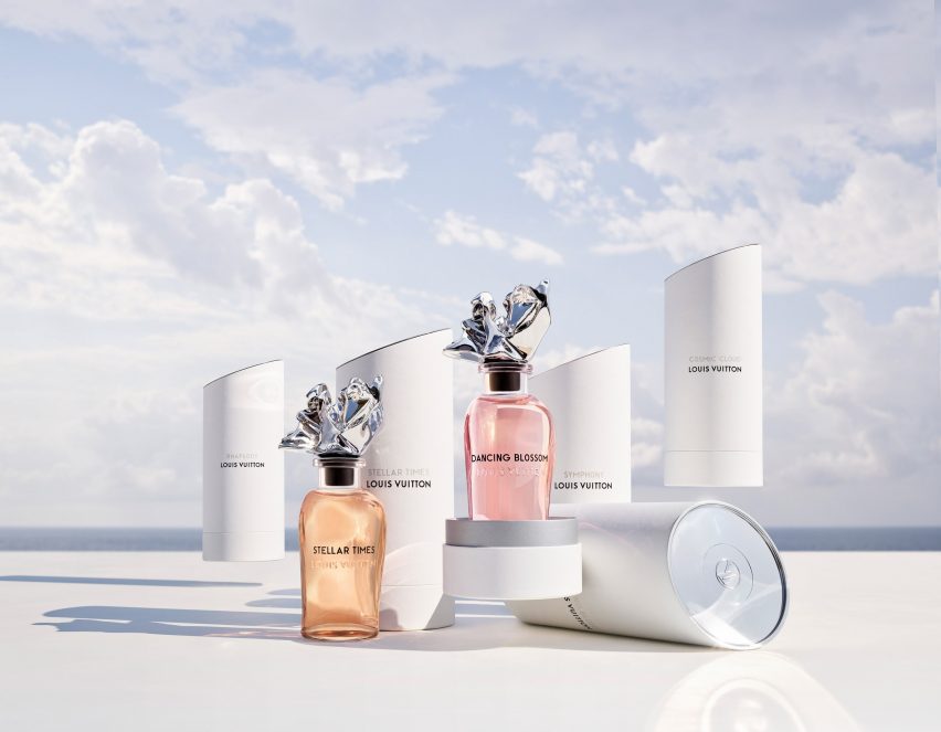 Perfume bottles in white cases