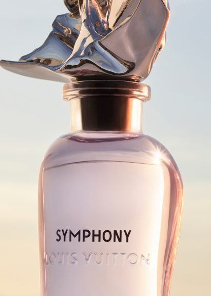 Frank Gehry's Symphony perfume bottle filled with pink liquid