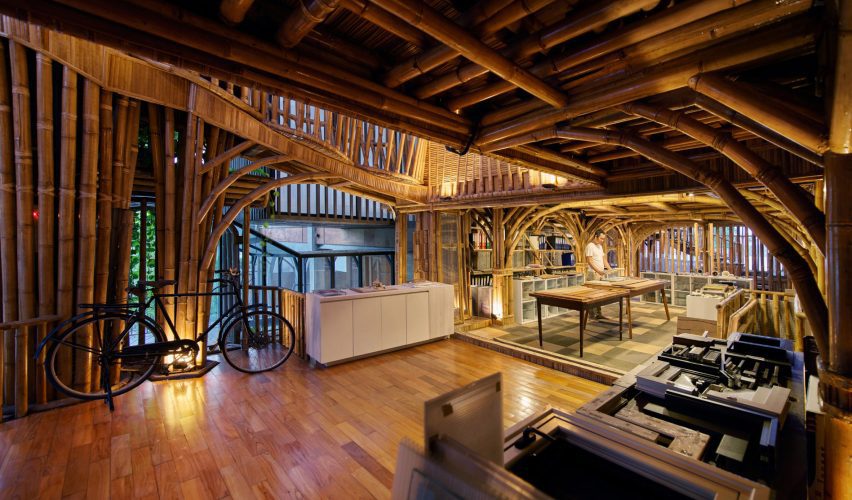 Inside Jakarta bamboo building