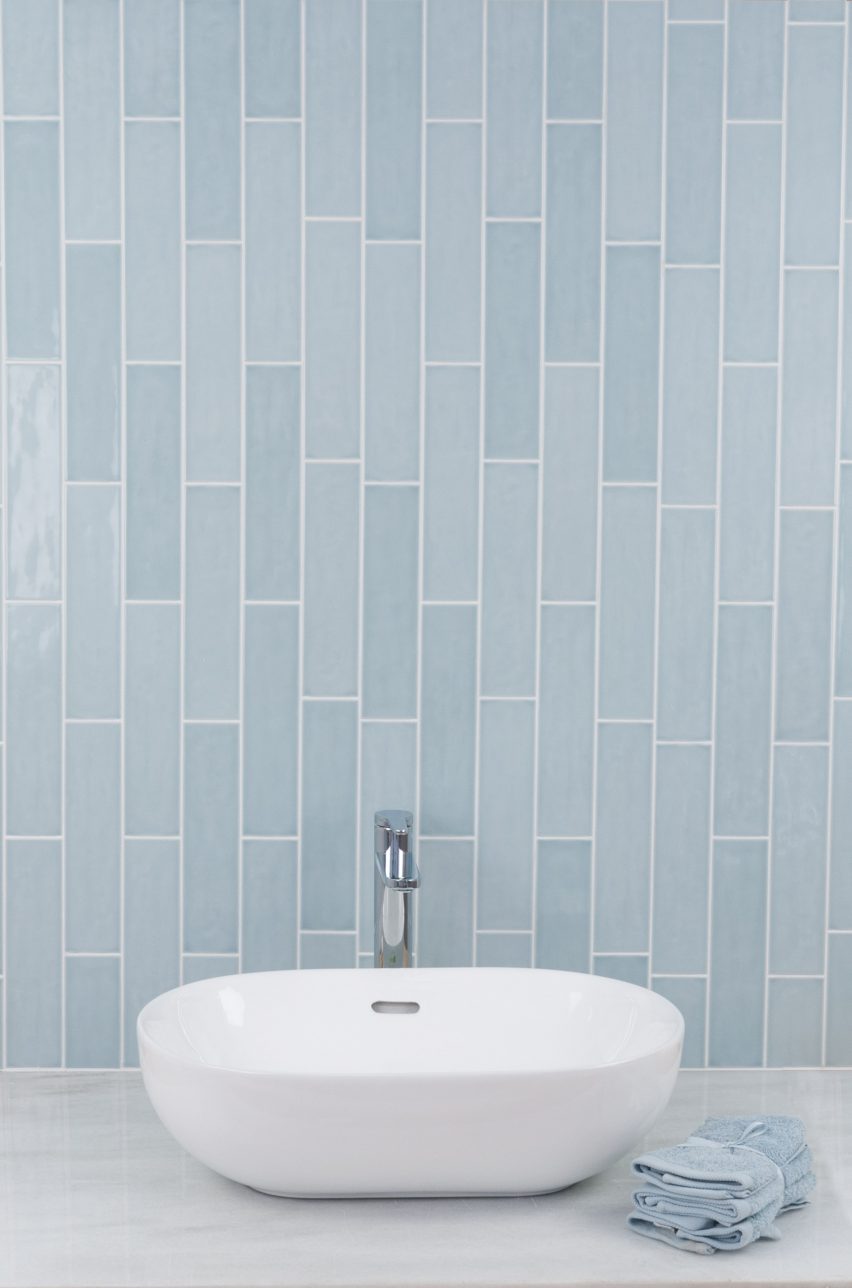 Habitat tiles in a river blue glossy finish used on a bathroom wall