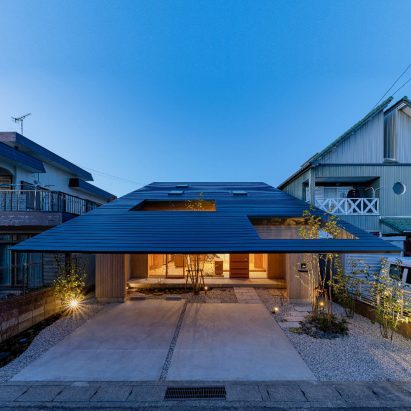 A house with overhanging roof eaves