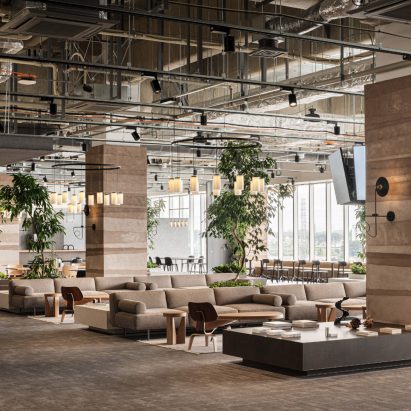Lounger area of office by Flooat with beige couches and tall plants