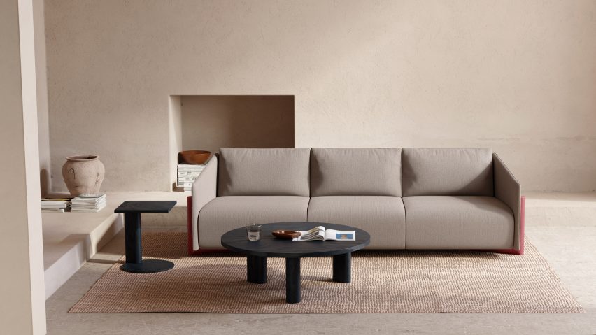 Neutral fabric on the wooden-base sofa