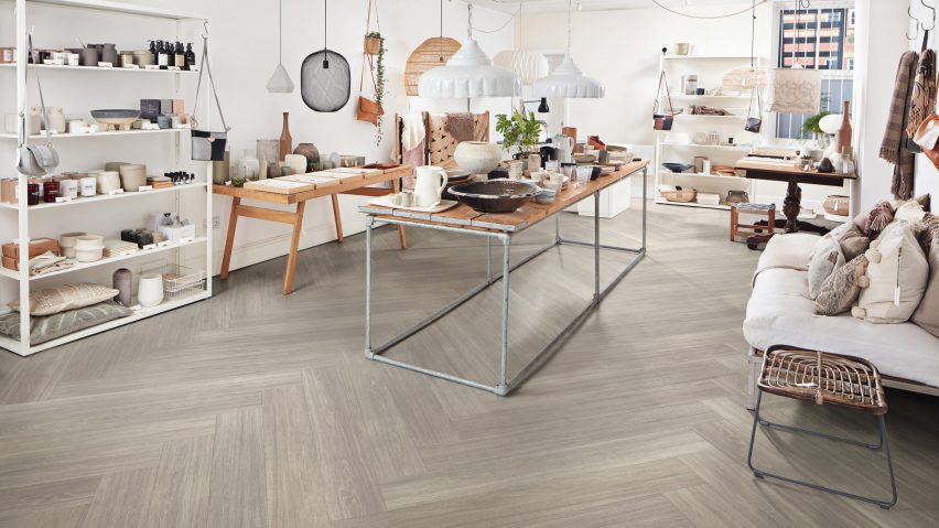 Herringbone flooring was used in the room
