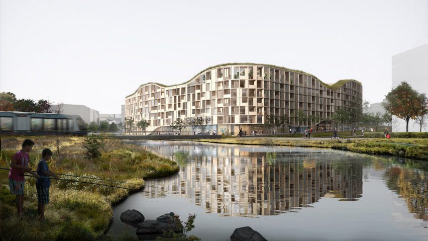 A render of a cross-laminated timber building