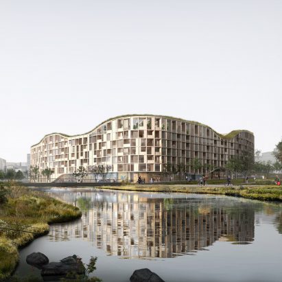 A render of a cross-laminated timber building