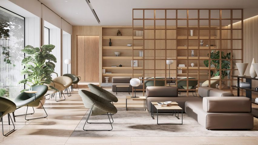 Lounge area in office filled with Leolux LX's LXR18 armchairs in green and beige colours