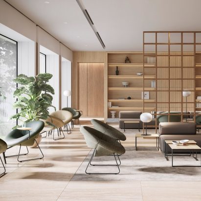 Lounge area in office filled with Leolux LX's LXR18 armchairs in green and beige colours