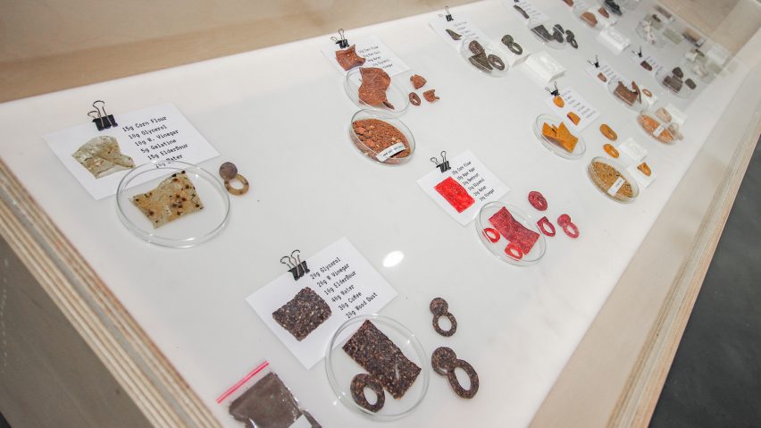 Textile samples laid out on white table