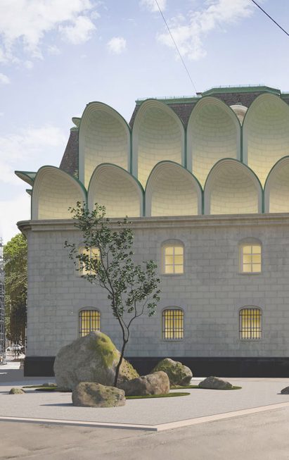 The volumes on the roof are coloured in a patina green