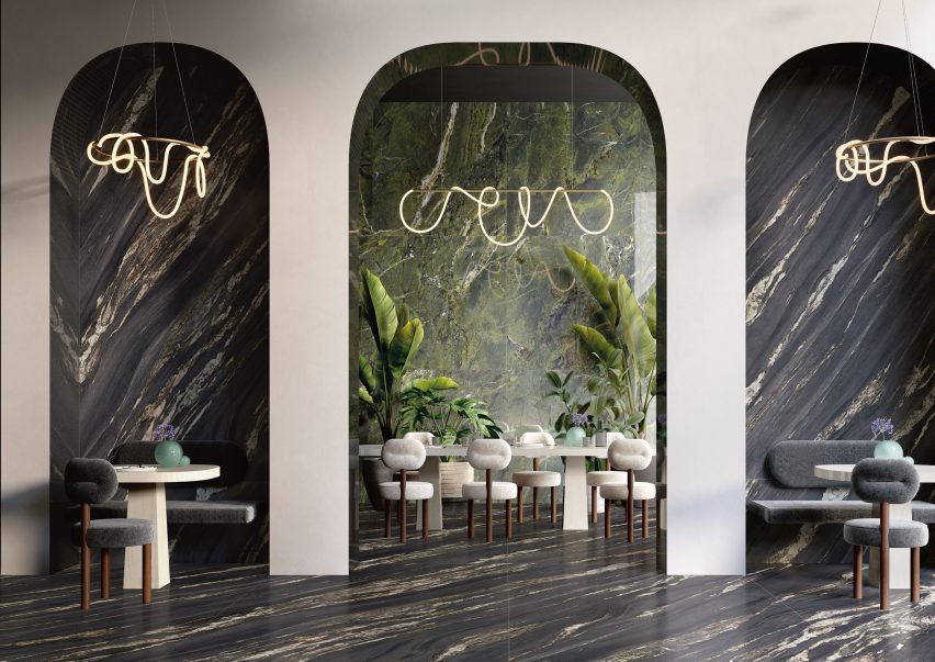 A photograph of Marmi Maximum tiles by Fiandre Architectural Surfaces in Nero Damascato