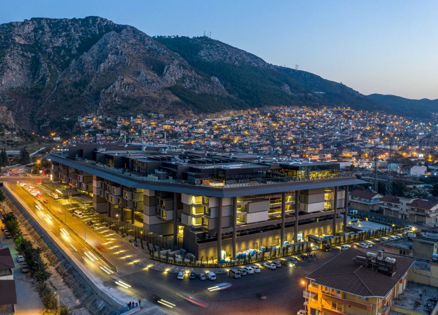 An aerial view of the hotel and neighbouring buildings
