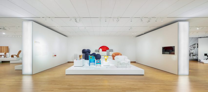 A collection of designs clustered on a white platform