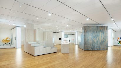 Exhibition space with stepped plywood podiums