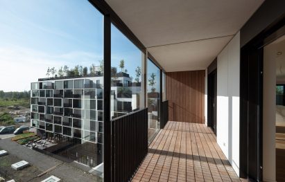 A wood-lined loggia space