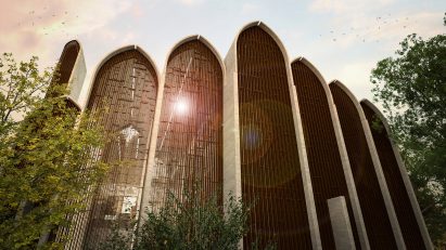 Detail render of the arches at New Preston Mosque and the bronze casted screens