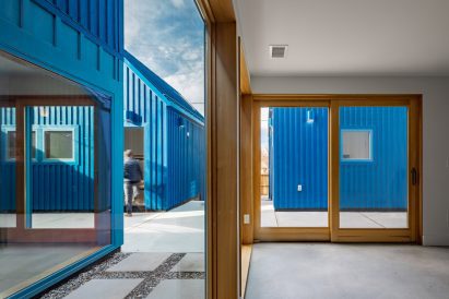 Bright blue co-housing in Denver