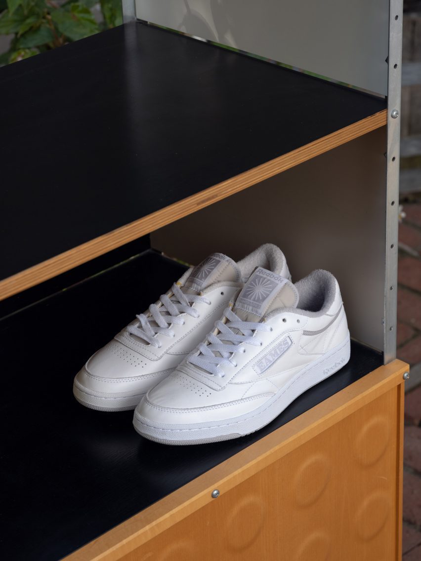 A pair of white trainers designed by Eames Office and Reebok