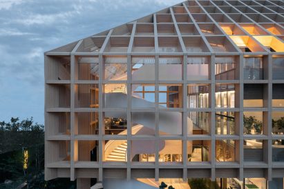 Gridded timber facade