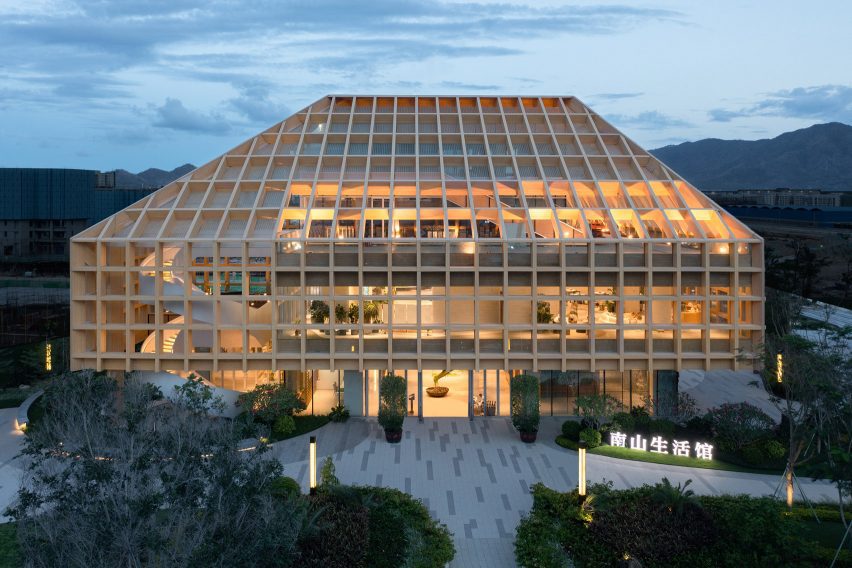 Gridded timber building in China
