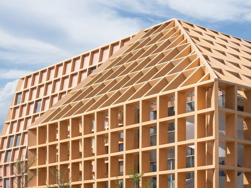 Gridded timber facade