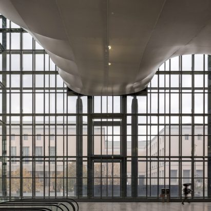 Large segmented window with biomorphic form on ceiling