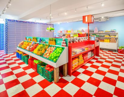 Red and white checkerboard floor