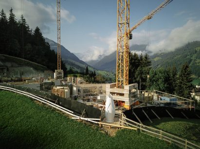 3D-printed portaloo on a construction site in the Swiss Alps