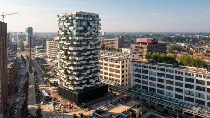 The building has a tall rectangular form