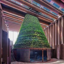 Plant-covered cone stands in the middle of the Dutch Biotope pavilion at Expo 2020 Dubai