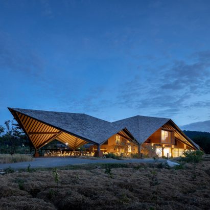 The learning centre has a pointed angular roof