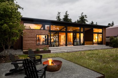 House clad in rough-sawn wood