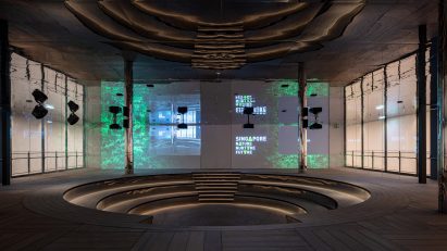 An exhibition space is at the top of the building